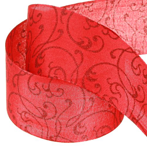 Product Christmas ribbon with floral ornaments red 60mm 15m