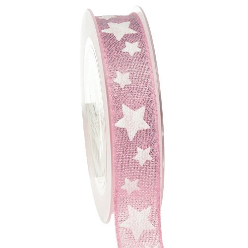 Christmas ribbon wire edge pink white star W25mm L15m