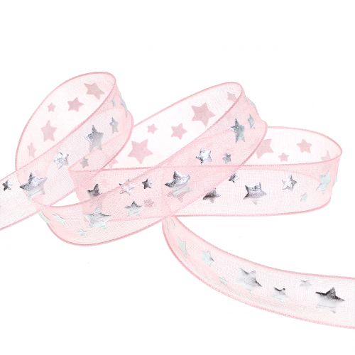 Product Christmas ribbon organza pink with star motif 15mm 20m