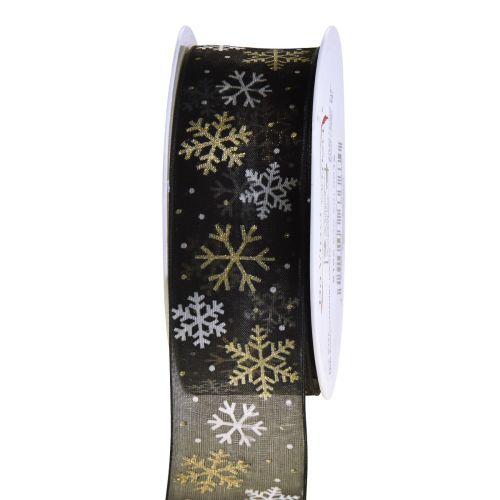 Floristik24 Christmas ribbon organza snowflakes black gold 40mm 15m