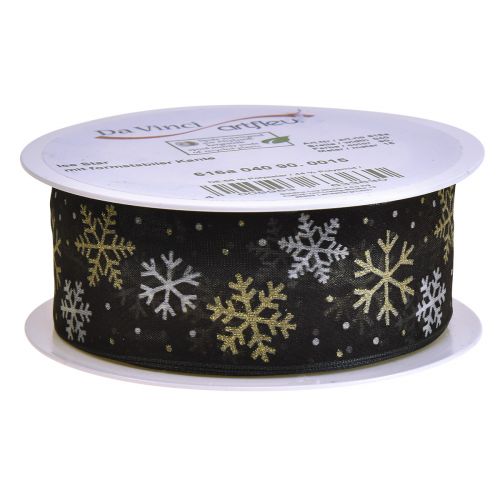 Product Christmas ribbon organza snowflakes black gold 40mm 15m