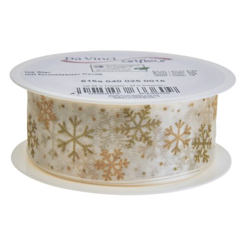 Floristik24 Christmas ribbon organza snowflakes white gold 40mm 15m