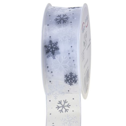 Product Christmas ribbon organza snowflakes white gray 40mm 15m