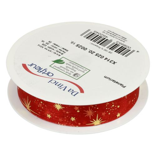 Floristik24 Ribbon Christmas, organza red star pattern 25mm 25m