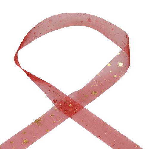 Floristik24 Ribbon Christmas, organza red star pattern 25mm 25m