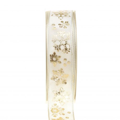 Floristik24 Christmas ribbon white with snowflake gold 25mm 20m
