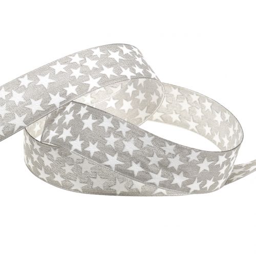 Product Christmas ribbon with star gray, white 25mm 20m