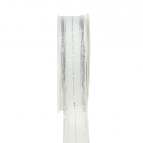 Christmas ribbon with transparent lurex stripes white, silver 25mm 25m