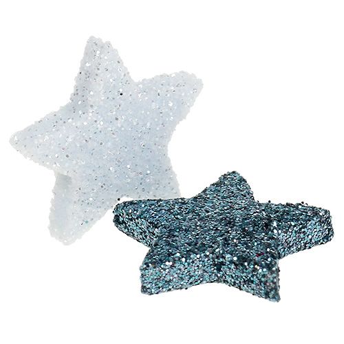 Floristik24 Christmas decoration star 2.5cm glitter white, blue 48 pcs