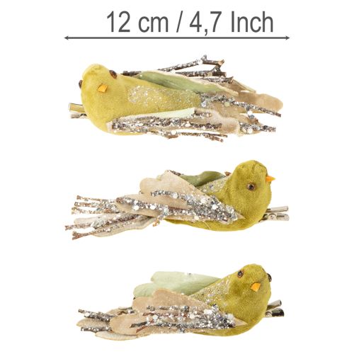 Product Christmas decoration bird on clip green, glitter 12cm 6pcs assorted