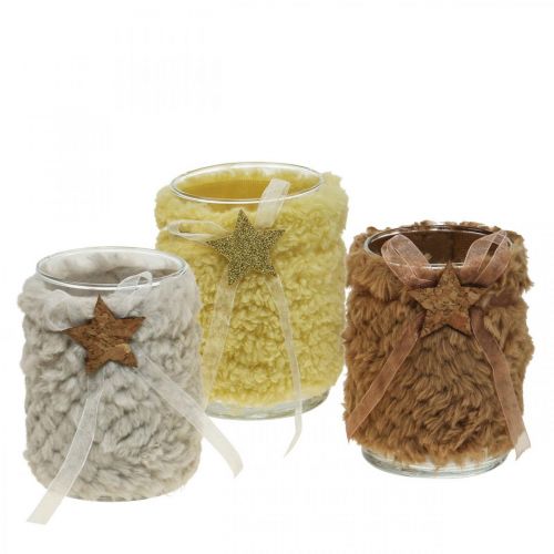 Christmas decoration lantern glass faux fur H12cm Ø9.5cm 3pcs