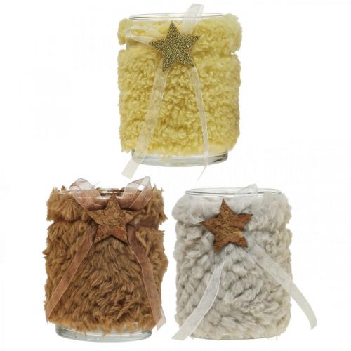 Product Christmas decoration lantern glass faux fur H12cm Ø9.5cm 3pcs