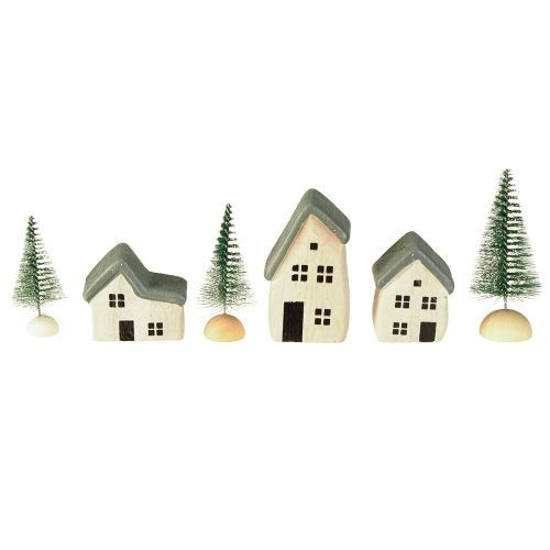 Product Christmas village wooden houses fir trees green and white 5-8 cm set of 6