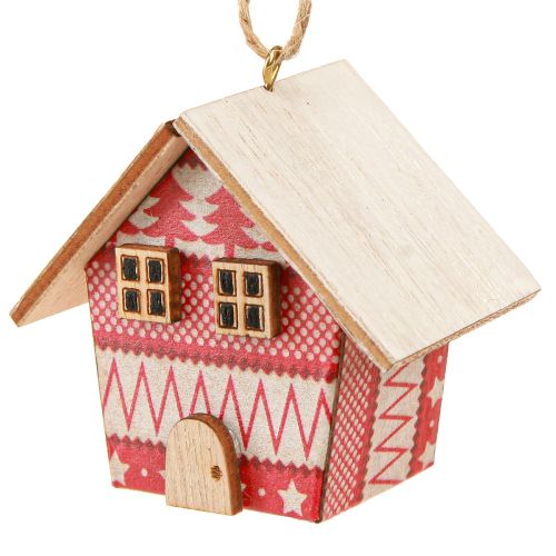 Product Red Christmas houses for hanging, paper and wood, 5.5cm, set of 6