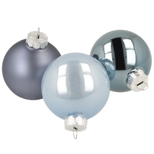 Product Glass Christmas tree baubles, set of 3 – light blue, blue, metallic blue & matte, with hanger, 6cm, 24 pieces
