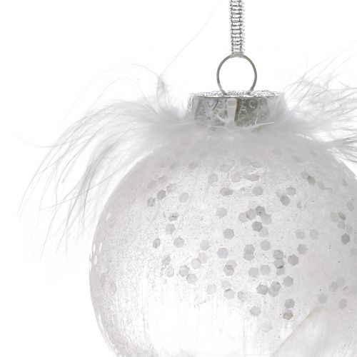 Product Christmas ball with feather white Ø7.5cm 6pcs