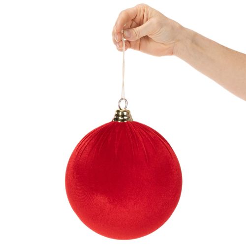 Red velvet-look Christmas bauble, large 20cm Christmas tree bauble, 3 pieces | Floristik24.ie