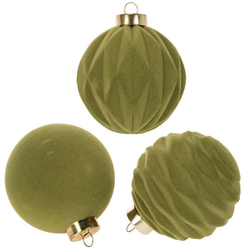 Christmas tree bauble, velvet look, green, textured mix, 8cm, 12 pieces. Christmas bauble, flocked moss green, plastic baubles, moss green flocked. Cotton cords included for each bauble. buy online | Floristik24.ie