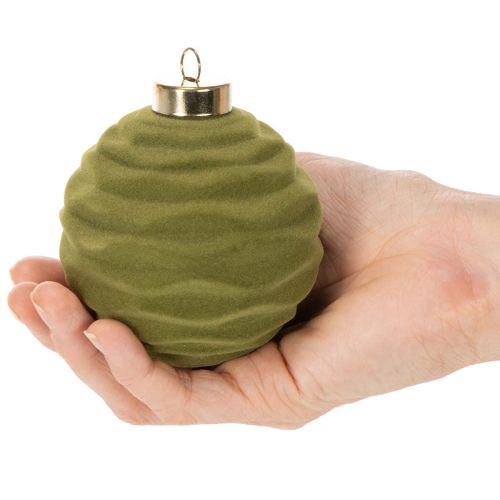 Christmas tree bauble, velvet look, green, textured mix, 8cm, 12 pieces. Christmas bauble, flocked moss green, plastic baubles, moss green flocked. Cotton cords included for each bauble. | Floristik24.ie