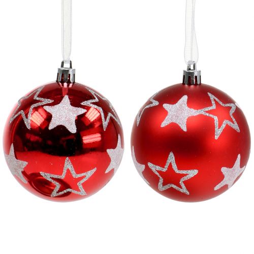 Christmas balls with stars in red 2pcs Ø8cm