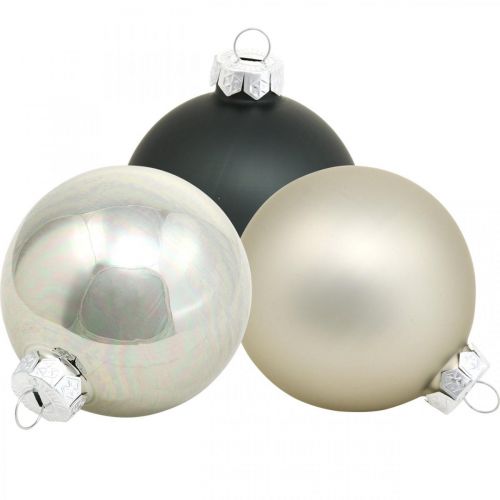 Floristik24 Bauble, Christmas tree decorations, Christmas ball black/silver/mother of pearl H8.5cm Ø7.5cm real glass 12 pieces