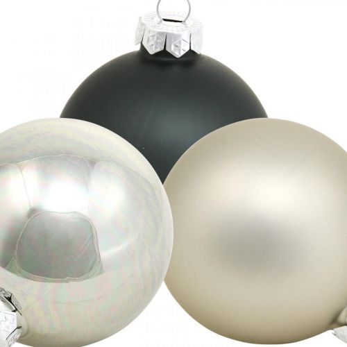 Product Bauble, Christmas tree decorations, Christmas ball black/silver/mother of pearl H8.5cm Ø7.5cm real glass 12 pieces