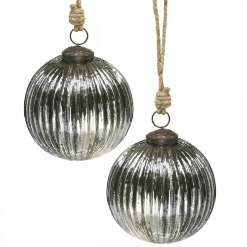 Christmas balls glass Christmas tree balls silver with grooves Ø10cm 2pcs