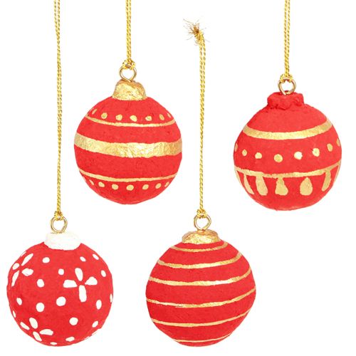 Product Red Hanging Papier-Mâché Christmas Balls 5.5cm Set of 4