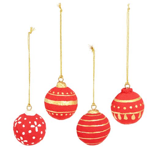 Product Red Hanging Papier-Mâché Christmas Balls 5.5cm Set of 4