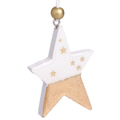 Product Christmas ornaments, wooden star, tree, heart, 6 pieces, white and gold decorative pendants