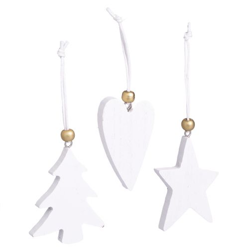 Product Christmas ornaments, wooden star, tree, heart, 6 pieces, white and gold decorative pendants