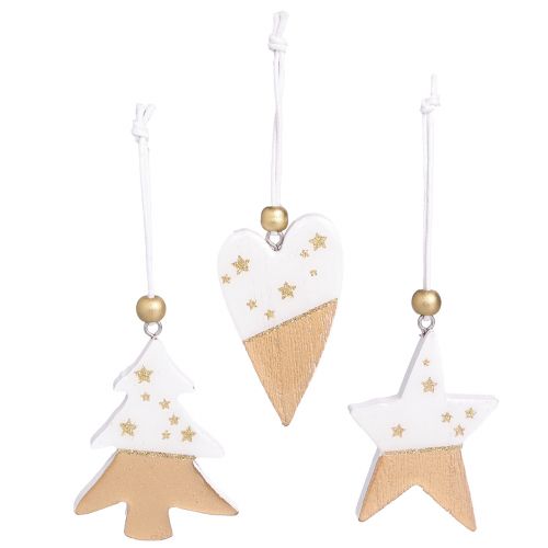 Product Christmas ornaments, wooden star, tree, heart, 6 pieces, white and gold decorative pendants