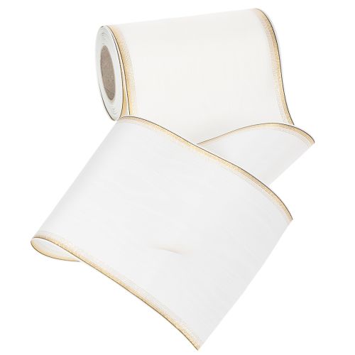 Product White moiré wreath ribbon with gold pearl edge, 175mm - Elegant ribbon for decoration and floristry