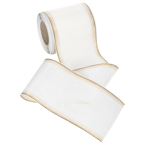Product White moiré wreath ribbon with pearl edge and taffeta binding, decorative ribbon, mourning ribbon, width 100mm, length 25m