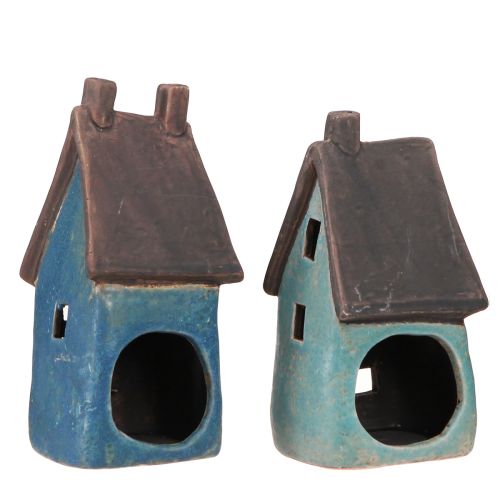 Floristik24 Lantern House Ceramic House Blue Brown H15.5/17.5cm 2 pcs