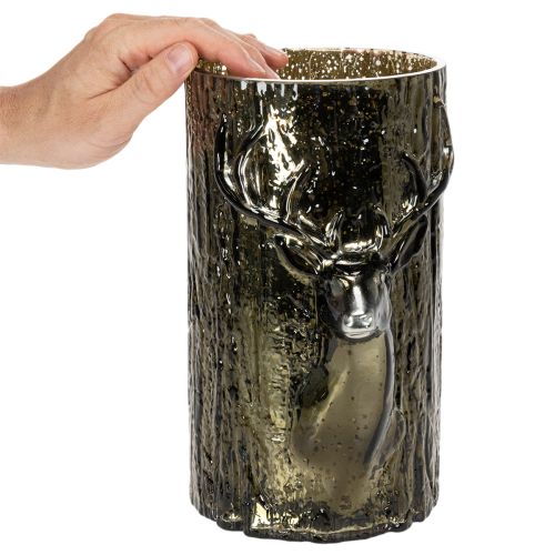 Glass tealight holder with deer head and tree reliefs, winter decoration, 26cm | Floristik24.ie