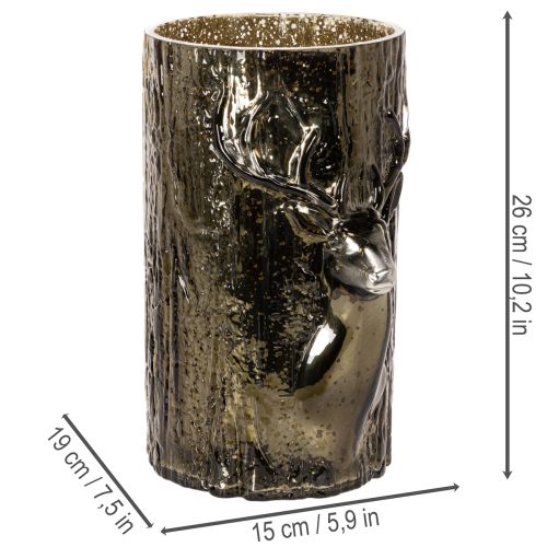 Glass tealight holder with deer head and tree reliefs, winter decoration, 26cm | Floristik24.ie