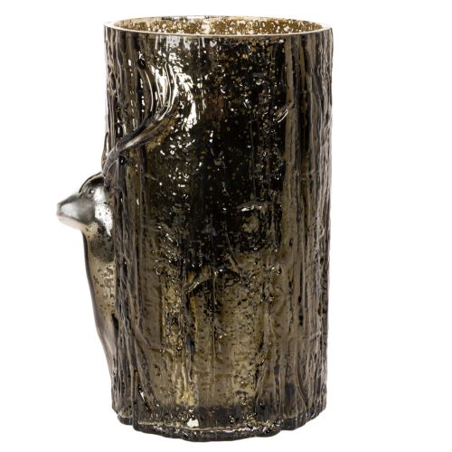 Glass tealight holder with deer head and tree reliefs, winter decoration, 26cm | Floristik24.ie
