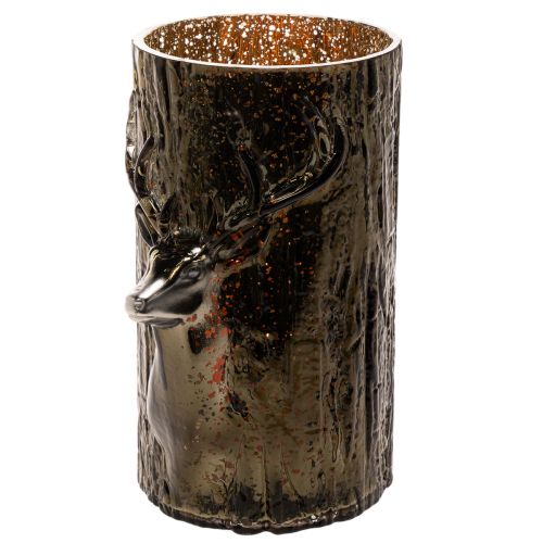 Glass tealight holder with deer head and tree reliefs, winter decoration, 26cm | Floristik24.ie