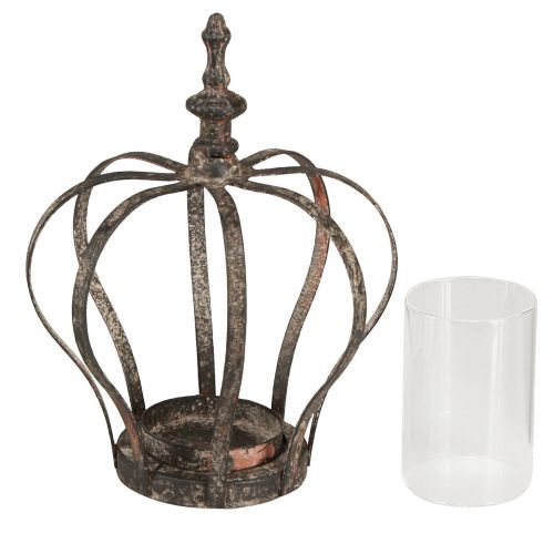 Product Lantern Crown Brown Rust With Candle Glass Ø14cm H18cm