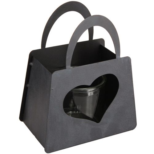 Product Lantern Metal Decoration Bag with Heart Anthracite H18cm 2pcs