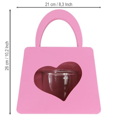 Product Lantern metal bag with glass insert pink heart H26cm