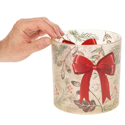 Glass votive candle holder with red ribbon and winter branches, 15cm | Floristik24.ie