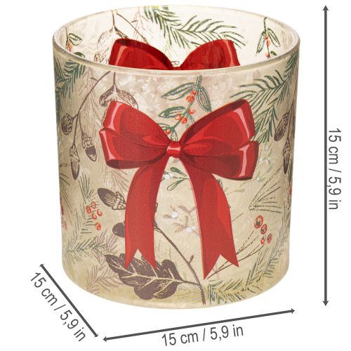Glass votive candle holder with red ribbon and winter branches, 15cm | Floristik24.ie