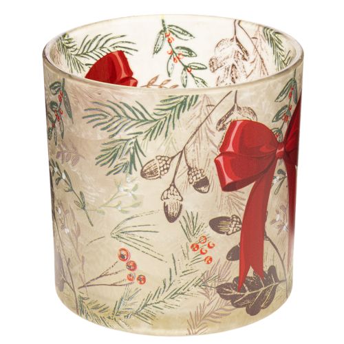 Glass votive candle holder with red ribbon and winter branches, 15cm | Floristik24.ie
