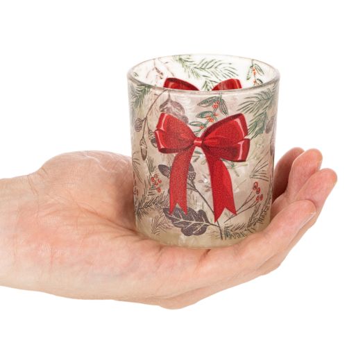 Glass votive candle holder with Christmas branches and red ribbon, 8cm, 2 pieces | Floristik24.ie