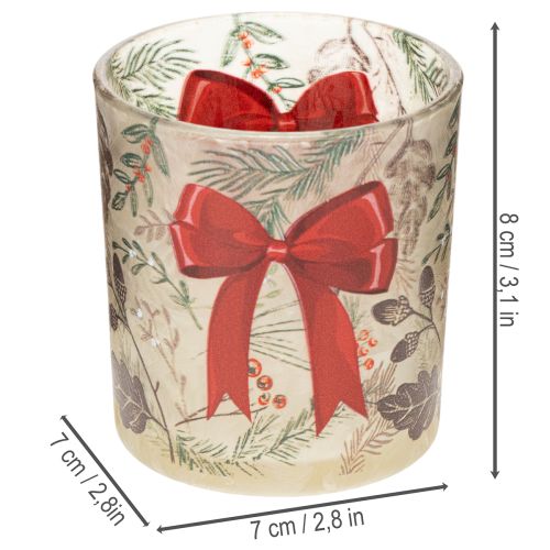 Glass votive candle holder with Christmas branches and red ribbon, 8cm, 2 pieces | Floristik24.ie