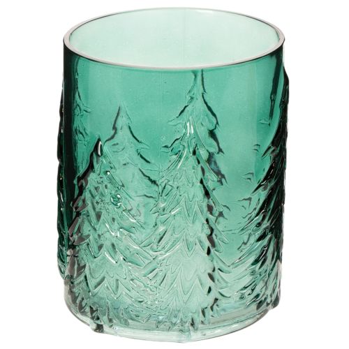Glass tealight holder with fir trees in relief, Christmas decoration, 16cm