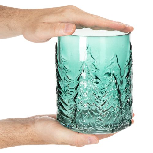 Glass tealight holder with fir trees in relief, Christmas decoration, 16cm | Floristik24.ie
