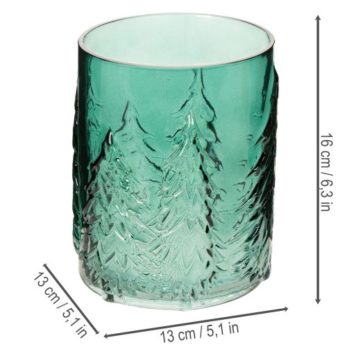 Glass tealight holder with fir trees in relief, Christmas decoration, 16cm | Floristik24.ie